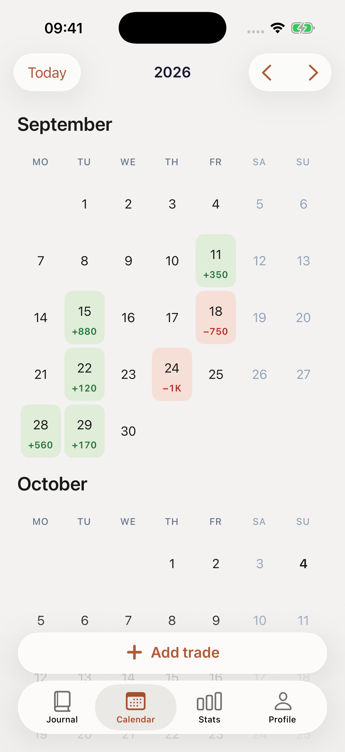 Kept calendar showing a month of example journal entries